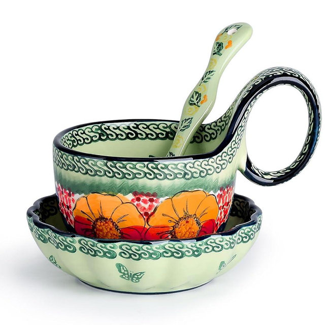 silesia Handmade Loop Handle Soup Bowl, Plate and Spoon Set Ceramic Hand Painted Cereal Bowl Great for Soup, Ice cream, Snack, Stew in Gift Box, Dishwasher & Microwave Safe, Glazed Green