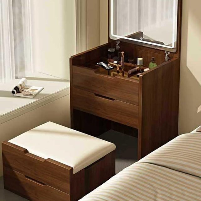 24" Makeup Vanity Desk with Flip Top Mirror and Light, 3 In 1 Compact Vanity with Hidden Stool Chair, Modern Dressing Table with Sliding Glass Top, Jewelry Organzier Storage For Small Space Bedroom