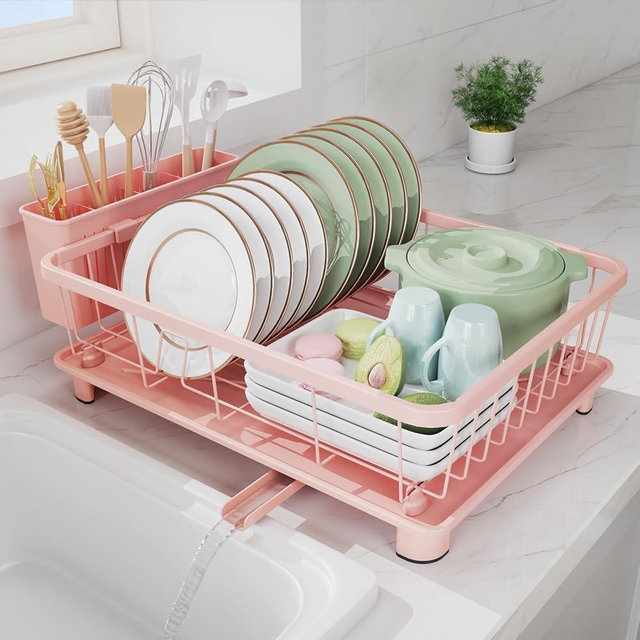 Hiviweer Pink Dish Drying Rack - Space-Saving Dish Rack,Dish Racks for Kitchen Counter with Drainboard, Birthday Christmas Day Mothers Day Thanksgiving Gifts for Mom Grandma Wife Kitchen Enthusiasts