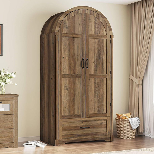 Squireewo 2 Doors Armoire Wardrobe Closet with Mirror and Lights, 71" Farmhouse Arched Wooden Wardrobe Cabinet with Drawers,Hanging Rod, Clothing Storage Closet Cabinet for Bedroom,Light Rustic Oak