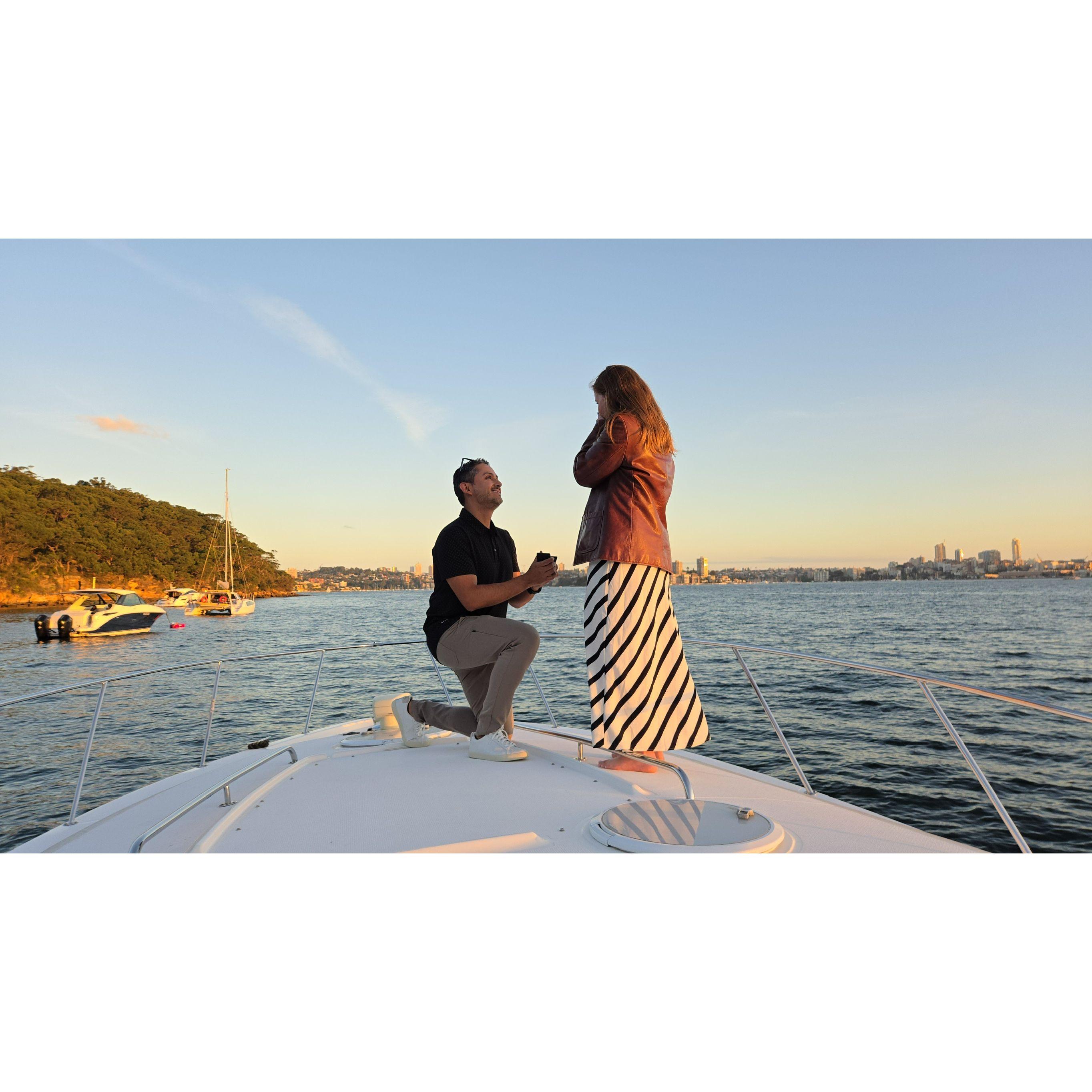 Sunset, a boat, charcuterie, champagne, the Sydney Opera House, the Harbor Bridge, and a proposal: does it get any better than that?