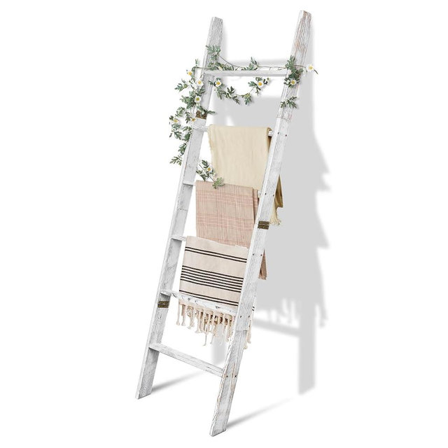 6-Tier Blanket Ladder Wooden,100% Pine,Towel Holder Rack with Anti-Slip Construction,Home Decor,Easy Assembly (Vintage White)