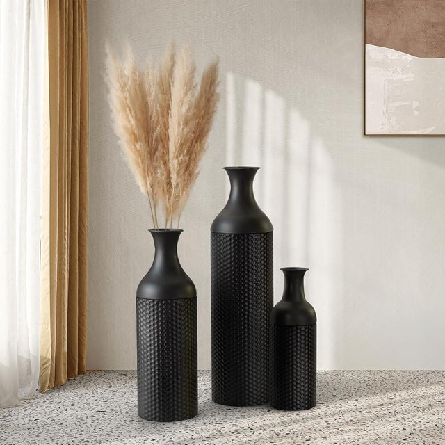 Black Tall Floor Vase Set of 3, 26.4/20.1/16.1 inch Extra Large Decorative Vases Modern Honeycomb Texture Metal Big Standing for Pampas Grass Decor for Living Room Bedroom Home Corner Kitchen Office