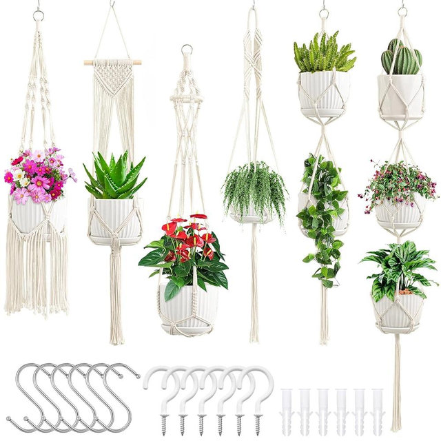 SFENNGPET Macrame Plant Hangers, 6Pack Hanging Planters for Indoor Plants w/ 6 Set Hangers Kit Handmade Macromay Plant Hangers Indoor Flower Pots Holder Stand for Boho Home Décor