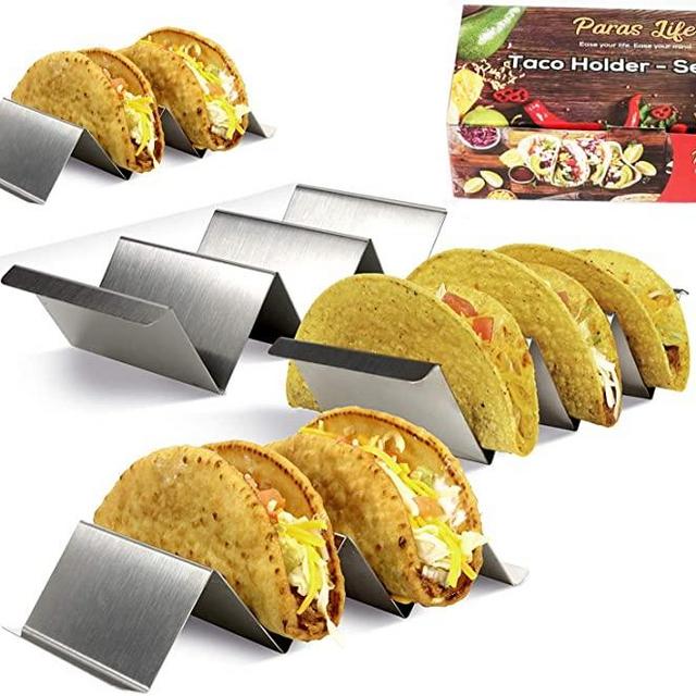 Taco Stand Holders Set of 4 by ParasLife - Stainless Steel Racks with Handles - Elegant Kitchen Gadget for Baking Holding and Serving Tacos - Oven Grill Dishwasher Safe - Organizer for Messy Wraps