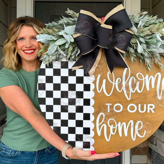 Front Door Hanger | Welcome To Our Home Door Hanger | Checkered Door Hanger | Year Round Wreath | Front Door Wreath | Housewarming Gift