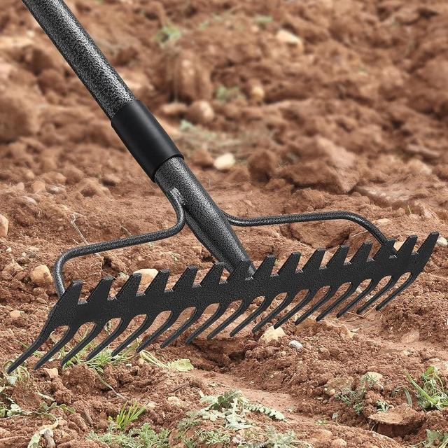 JAOTREL 60'' Heavy Duty Garden Rake with Stainless Steel Handle, Metal Head for Loosening Soil, Gathering Leaves, Leveling Lawns
