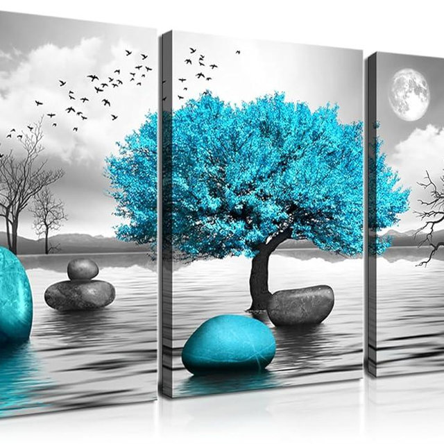 Living Room Bathroom Bedroom Wall Décor Black and White Tree of Life and Stones Paintings Modern 3 Piece Framed Canvas Art Prints Inspirational Abstract Teal Blue Pictures Home Decorations