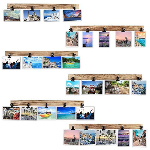 Aiyome 6 Wooden Wall Hanging Photo Frames With Clip, Decorative Collage Picture Frame, No Drilling Required, Adhesive Stickers, Easy to Install, Carbonized Brown