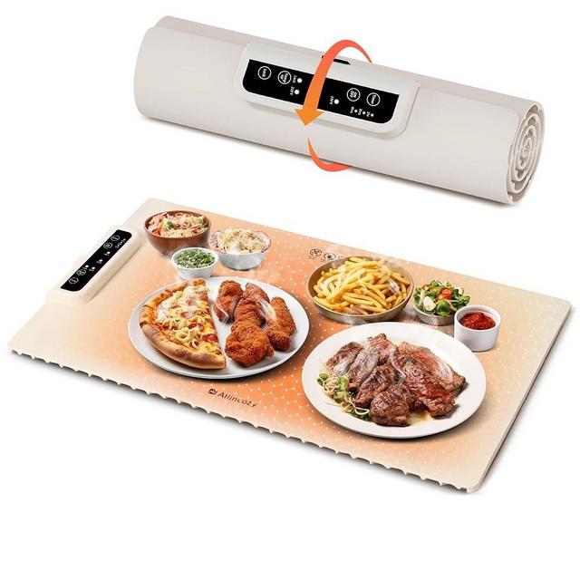 Electric Warming Tray, Full Surface Graphene Heating Mat for Food, 23.6×14.9“ Rollable Food Warmer Pad, Fast Heating, 3 Temperature Settings, Auto Shut-Off, Food Warmer for Parties, Silicone White