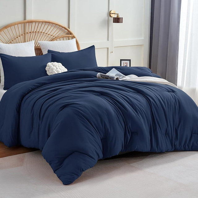 CozyLux Oversized King Comforter Set Navy Blue, 3 Pieces 120x98 Solid Breathable Quilted Style Bedding Sets All Season, Luxury Soft Down Alternative Comforter Bed Set (1 Comforter & 2 Pillowcases)