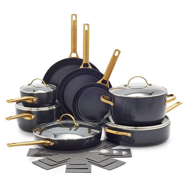 GreenPan Reserve Hard Anodized Healthy Ceramic Nonstick, 16 Piece Cookware Pots and Pans Set, Gold Handle, PFAS-Free, Dishwasher Safe, Oven Safe, Black
