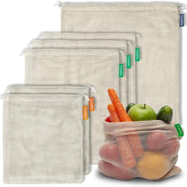 Reusable produce bags grocery washable, Organic cotton | Double-stitched Tare weigh Drawstring | Mesh produce bags | Mesh bags for vegetables | Lightweight | Set of 6 bags in 3 sizes (2S, 3M, 1L)