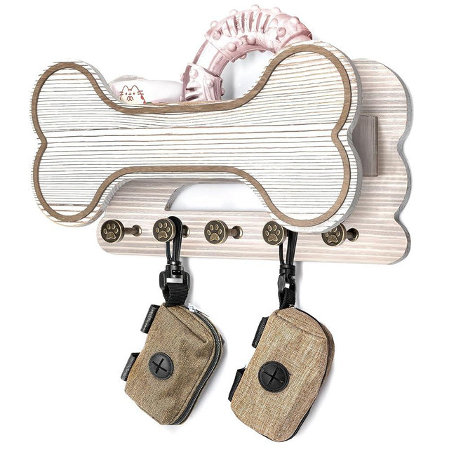 Decorative Dog Leash Holder for Wall - Creative Doggie Bone Shape Key Holder Wall Mount with Dog Stuff Storage Shelf & 5 Cute 3D Puppy Paw Hooks - Ideal for Room Decor (White)