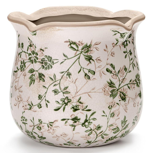 behen bahen Vintage Ceramic Planter Pot with Drainage Holes, Green Floral Design, 6.11 Inch, Distressed Tuscan Style, Indoor Plant Pot and Vase (Sage Beige)