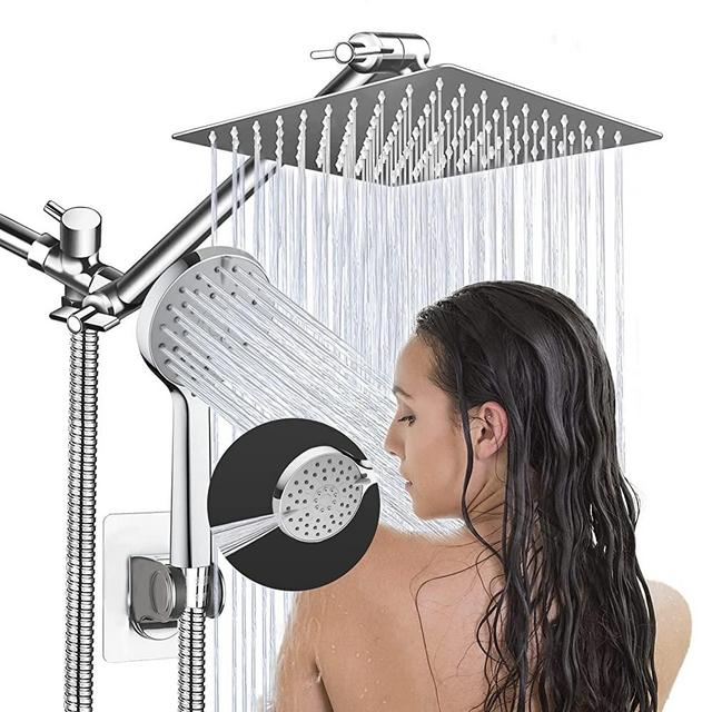 Shower Head,8”Rain Shower Head with Handheld Spray Combo 5 Settings 11'' Angle Adjustable Extension Arm 60" Hose and Flow Regulator，High Pressure NozzleEasy to Clean Bathtub or Pets,Chrome