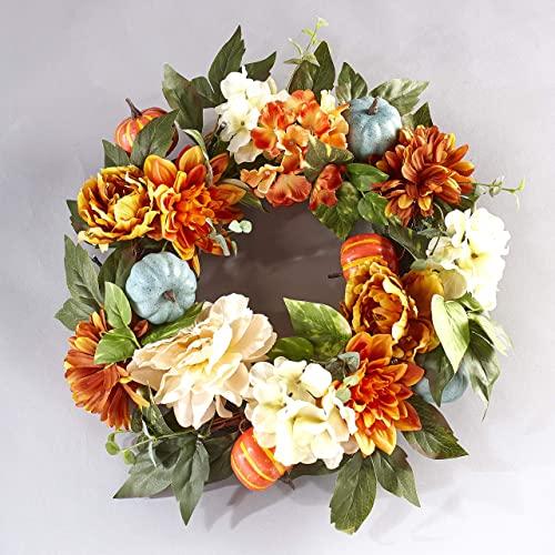 The Lakeside Collection Lighted Autumn Wreath with Pumpkins and Fall Flowers in Orange and White