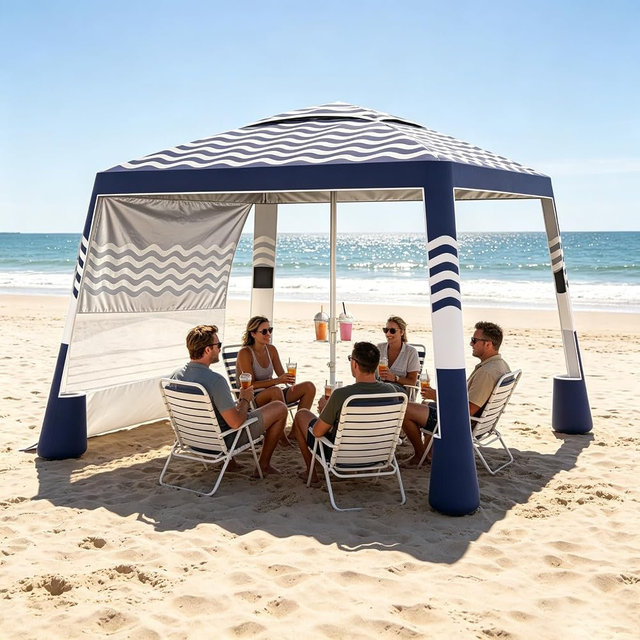 Hqeeun Beach Cabana, 8'X 8' Beach Canopy Tent Sun Shade, UPF 50+ Protection Silver-Coated Beach Tent Sun Shelter with Sandbags & Side Wall for Family, Portable Beach Shade, Easy Setup, Navy Stripes