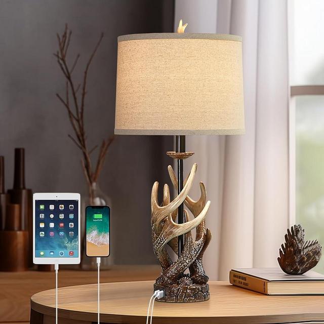 HUITICO Rustic Farmhouse Table Lamp for Living Room End Table Deer Antler Lamps with USB Ports 28" Tall Western Lamps for Bedroom Cabin Country Lamps for Nightstand, Single, Bulb Not Included