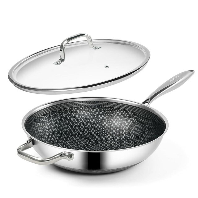 SLOTTET Hybrid 12-Inch Wok with Lid,Nonstick Stainless Steel Woks & Stir-fry pans,Stay-Cool Handle,PFOA Free Cookware,Dishwasher and Oven Safe,Compatible with All Cooktops