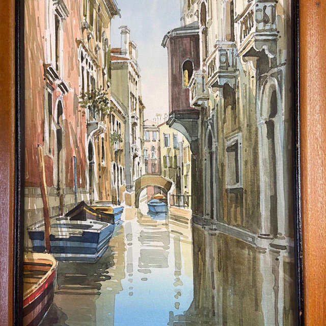 Venice Canal Scene Painting, Signed Artist, Mid Century Frame (9 x 11.5)