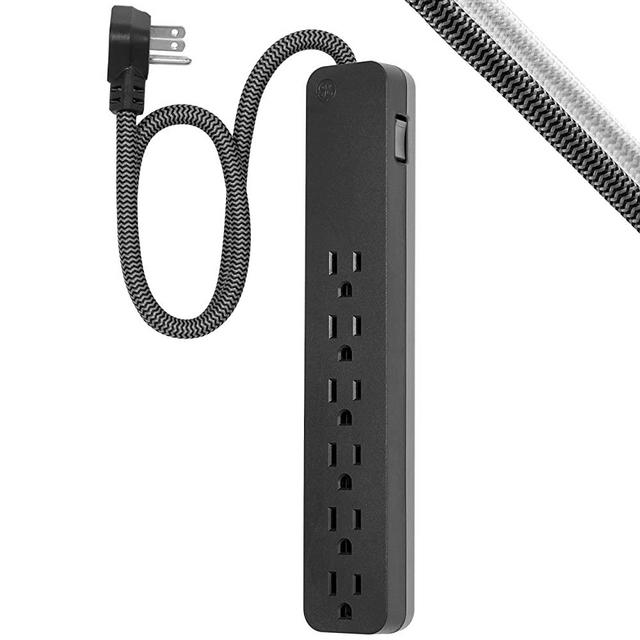 GE UltraPro 6-Outlet Surge Protector, 2 Ft Designer Braided Extension Cord, 560 Joules, Flat Plug, Wall Mount, UL Listed, Black, 45266