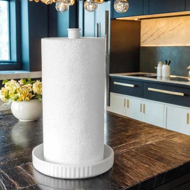VROOMIUM Paper Towel Holder Countertop, Ceramic Base Easy-to-Clean, 1.4 lbs, 7" B x 12.5" H, Stable Elegant and Durable Kitchen Roll Stand, Chic White