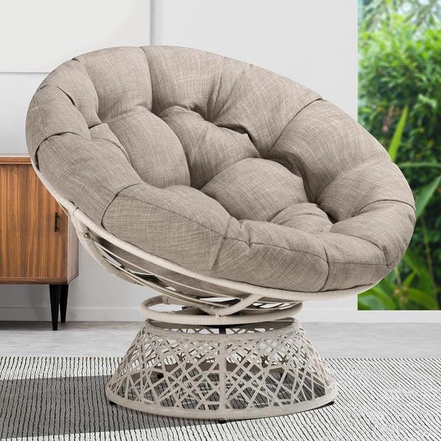 Bme Ergonomic Wicker Papasan Chair with Soft Thick Density Fabric Cushion, High Capacity Steel Frame, 360 Degree Swivel for Living, Bedroom, Reading Room, Lounge, Silver Cloud - White Base