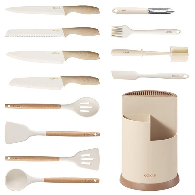 CAROTE 13Pcs Kitchen Utensils Set with 360 Rotating Knife Block, Heat Resistant Cooking Utensils Set with Wooden Handle, Kitchen Knife Sets with Nonstick Ceramic Surface, Cream White