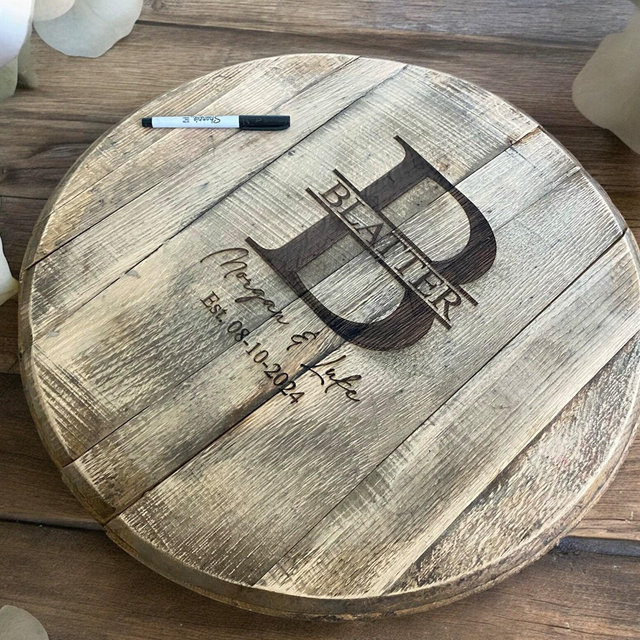 personalized bourbon barrel guest book alternative wedding sign in circle, custom wood guest book sign, rustic wedding keepsake for bride