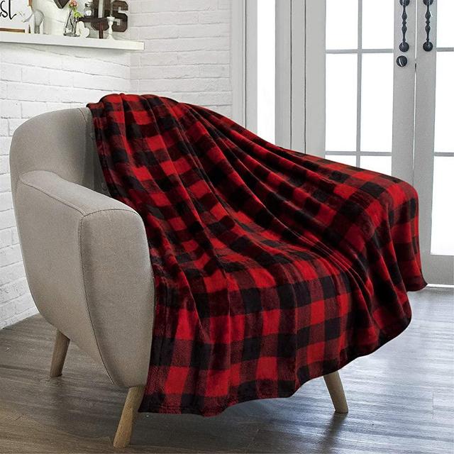 PAVILIA Buffalo Plaid Throw Blanket for Sofa Couch | Soft Flannel Fleece Red Black Checker Plaid Pattern Decorative Throw | Warm Cozy Lightweight Microfiber | 50 x 60 Inches