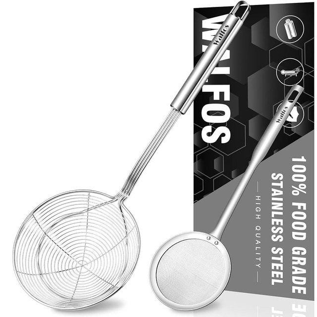Walfos 7 inch Extra Large Spider Strainer - Stainless Steel Fryer Scoop & 4 in Skimmer Spoon, Set of 2 - Kitchen Spider Skimmer Strainer With Handle, For Cooking, Frying, Pasta, Egg, Foam