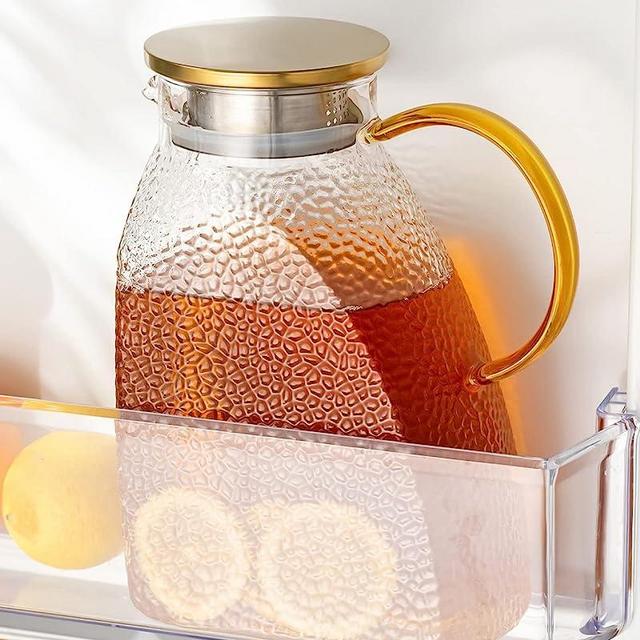 Baffect Water Pitcher, High Borosilicate Glass Jug with Stainless Steel Lid, Leakproof Fridge Door Carafe for Hot or Cold Beverage (1.8 L/63 oz.)