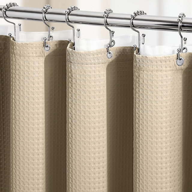 Dynamene Beige Shower Curtain and Liner Set, Waffle Weave Fabric, Waterproof Clear Liner, 256GSM Heavy Duty Weighted Hotel Luxury Cloth Shower Curtains for Bathroom with 12 Plastic Hooks, 72Wx72H