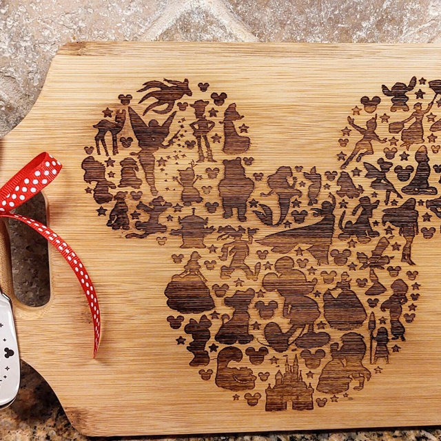 Mickey Mouse Head w/ Disney Characters Engraved Wood Cutting board Gift Set Spreader Knife Spread Some Magic Mother's Day Birthday Mom gift