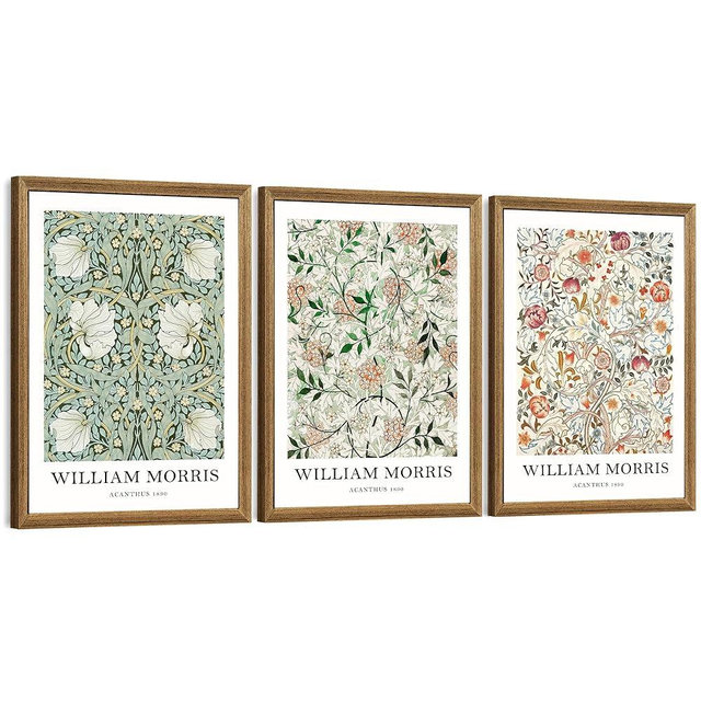 FWAHREN William Morris Framed Canvas Wall Art Set, 3 Piece Vintage Botanical Floral Pattern Pictures Prints Artwork, Large Paintings Wall Decor for Living Room Bedroom Bathroom Office, 12x16in