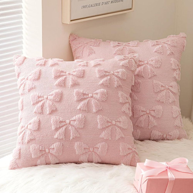 MIULEE Light Pink Pillow Covers Coquette Room Decor Aesthetic Set of 2 Decorative Cute Bow Throw Pillow Soft Plush Fluffy Plush Couch Pillowcase for Girl Bed Sofa,18x18 Inch