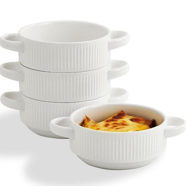 Hoilse Ceramic Soup Bowls with Handles, 20oz French Onion Soup Bowls Set of 4, Soup Crocks for Soups,Beef Stew,Microwave and Oven safe - 5.4inch，White