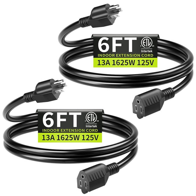 16/3 Black Extension Cord 6 FT (2Pack) Indoor, Short Extension Cord for Laptops, Coffee Makers, Office Home Appliances, 3 Prong Small Resistant Cable Flexible, 13A 125V 1625W ETL Listed