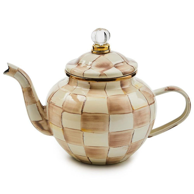 MACKENZIE-CHILDS Enamel Teapot, Cute Small Teapot with Lid, 4-Cup Capacity, Brown-and-White Mocha Check