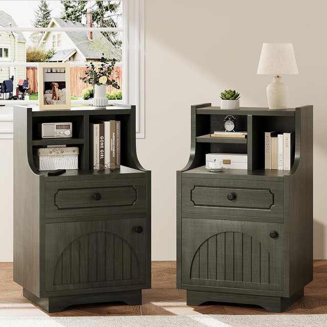 4ever2buy Farmhouse Nightstand Set of 2 with Hutch, 30 inch Tall Nightstands with Storage, End Tables Bedside Table for Bedroom, Wash Grey