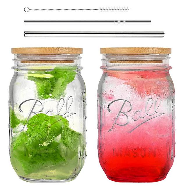 Mason Jar ,Regular Mouth Mason Jar cups with lid and straws reusable ,Set of 2 Mason Jar 16OZ Drinking Glasses