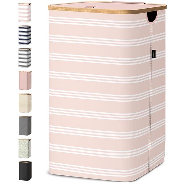 BALEINE Laundry Hamper with Lid, Tall Laundry Baskets with Bamboo Pull Handles, Large Laundry Bin with Internal Support (26 Gal/100L, Pink Pinstripe)