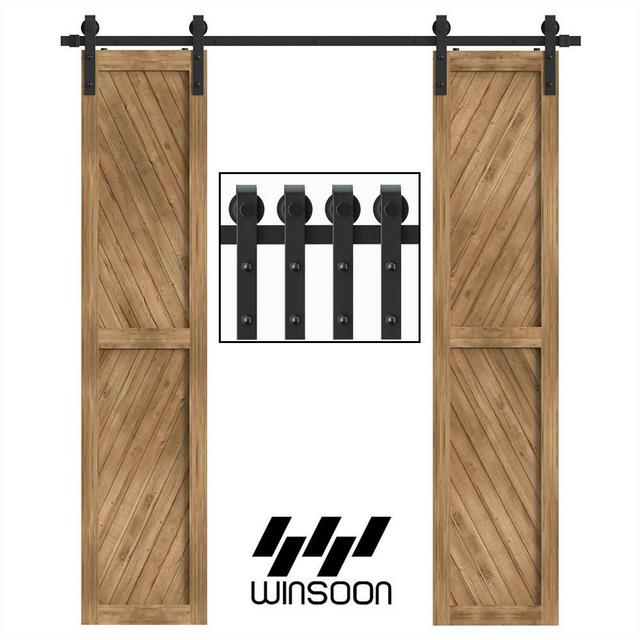 WINSOON 5-18FT Sliding Barn Wood Door Hardware Cabinet Closet Kit Antique Style for Double Doors Black Surface (6FT /72" 2 Doors Track Kit)