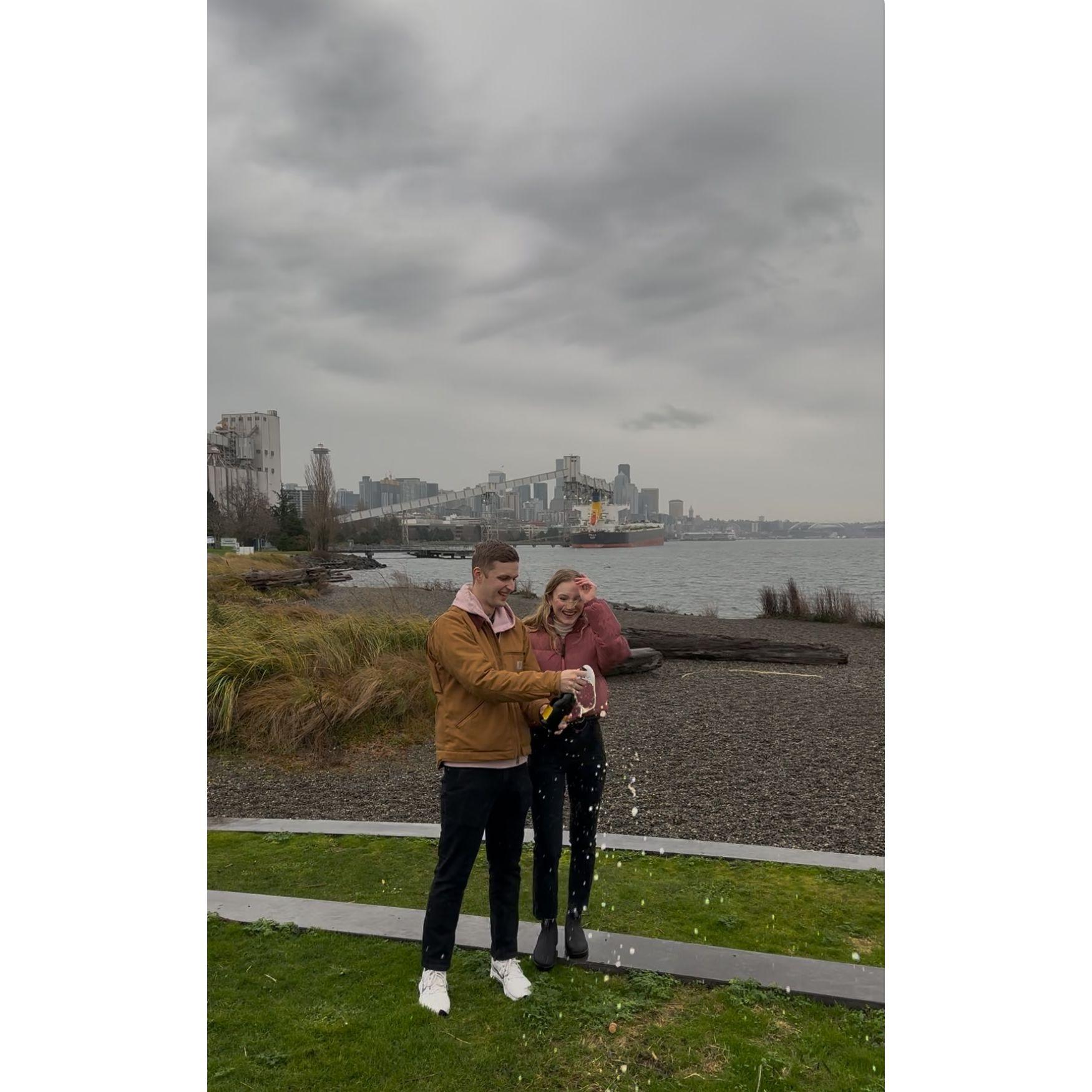Right after Gunnar proposed! It was a classic rainy Seattle day and we were soaked.