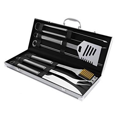 Home-Complete BBQ Grill Tool Set- Stainless Steel Barbecue Grilling Accessories Aluminum Storage Case, Includes Spatula, Tongs, Basting Brush