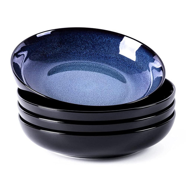 LERATIO Pasta Bowls,Ceramic 38oz Pasta Bowls,9.0" Reactive Glaze Pasta Bowl Set of 4,Microwave & Dishwasher,Oven Safe,Large Wide Serving Bowls for Salad, Dessert, Pizza, Fruit,blue white
