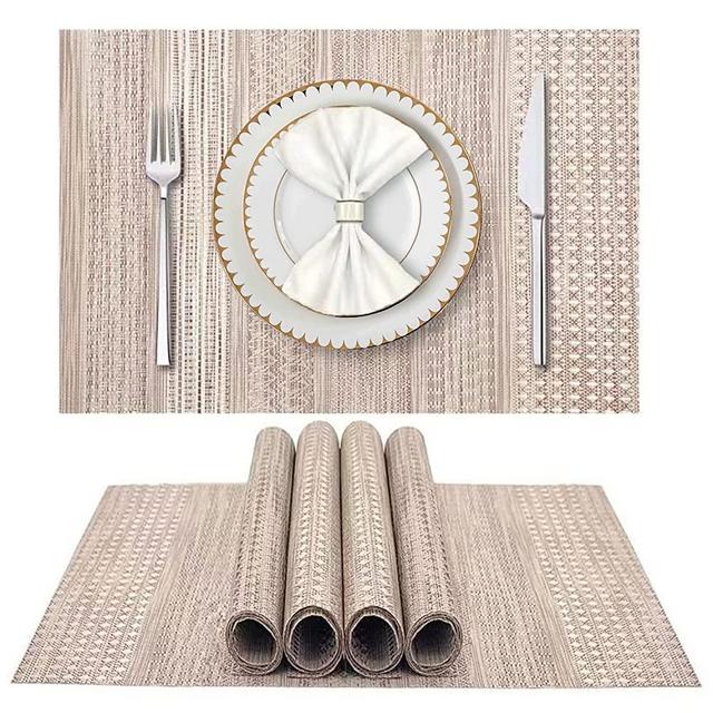 Placemats, Set of 4 Heat-Resistant Placemats Stain Resistant Anti-Skid Placemats for Kitchen Table, Washable Durable Table Mats Woven Vinyl Placemats 18’’ x 12’’…(Jacquard Vertical Stripes Khaki)