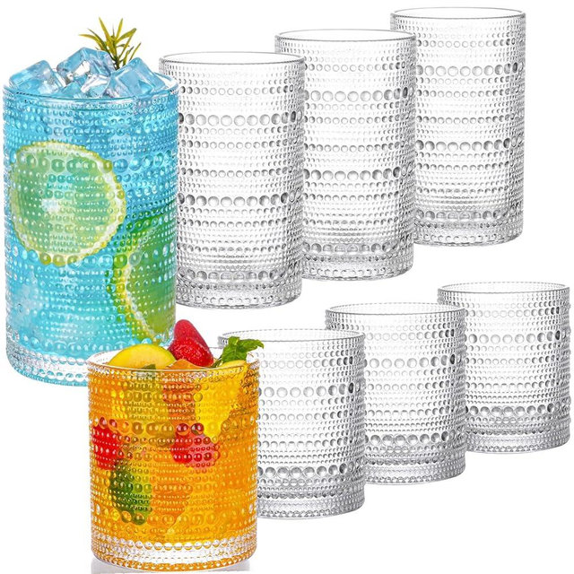 Hobnail Drinking Glasses Set of 8 Glass Cups 12 oz Hobnail Drinking Glasses & 10 oz Cocktail Glasses, Water Glasses Kitchen Glassware Vintage Glasses Drinking Set for Whiskey, Juice, Cocktails, Beer