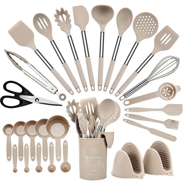 Hvygss Kitchen Utensil Set, 28 Pcs Silicone Cooking Utensils Set, Stainless Steel Handle Silicone Spatula Set with Silicone Whisk, Tongs, Ladle, Scissors, Measuring Cups and Spoons Set (Khaki)